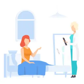 Illustration of a patient in a bed in a hotel being visited by a nurse during a daily nursing visit