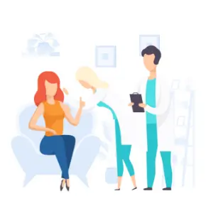 Illustration of a patient in their home being visited by a nurse during a daily nursing visit