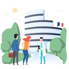 Illustration showing a patient being met by a medical professional upon arrival at Clinique du Parc in Montpellier, France